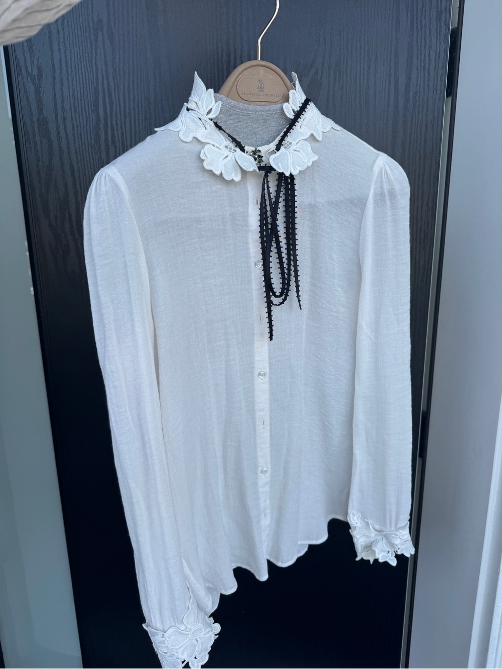 Maje White Lace-Collar Button Down Blouse with Black Tie - Picture 2 of 7